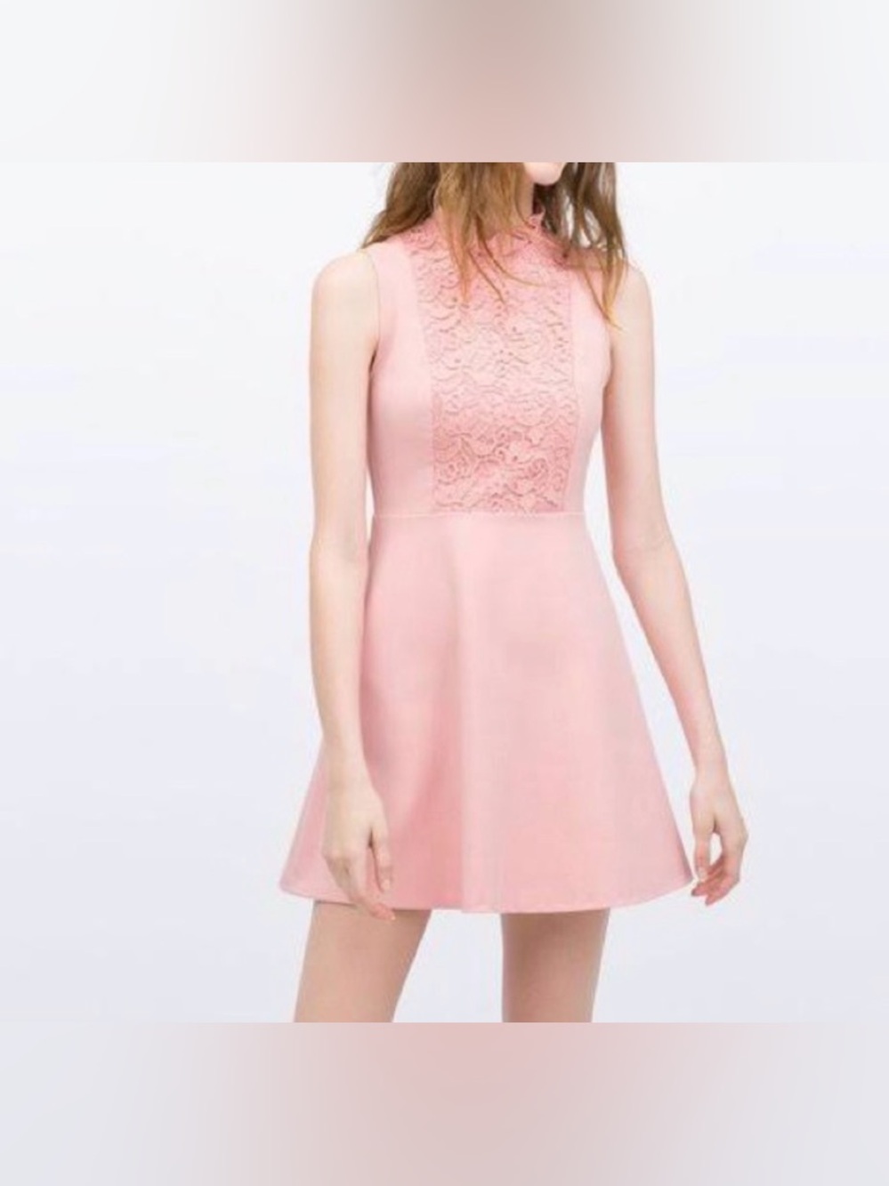 Zara Woman Blush Pink Lace Bodice Ruffle Neck Dress L